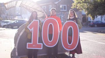 Milestone celebration in Trevanion Road, W14. F-l-t-r: Local resident Victoria Gomez, Tom Pelling (Key Account Manager, Cyclehoop) and Philippa Robb (Senior Smarter Transport Officer, H&F)