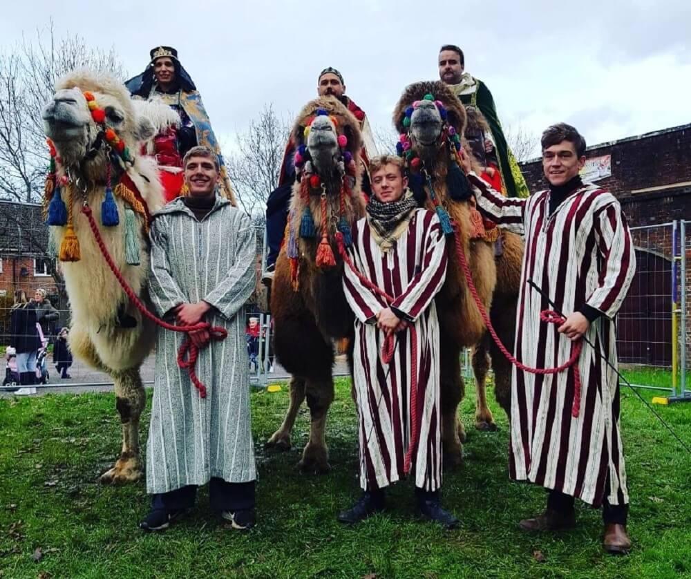 The camels ridden by three kings in festive regalia