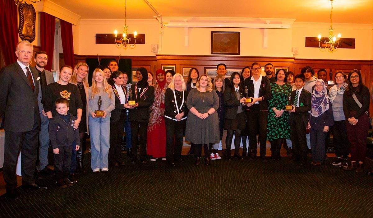 Group shot of the Coldstream Guard Award winners, their friends and families, Cllr Daryl Brown, Cllr Alex Sanderson, Cllr Bora Kwon and Major Rudy Vandaele-Kennedy