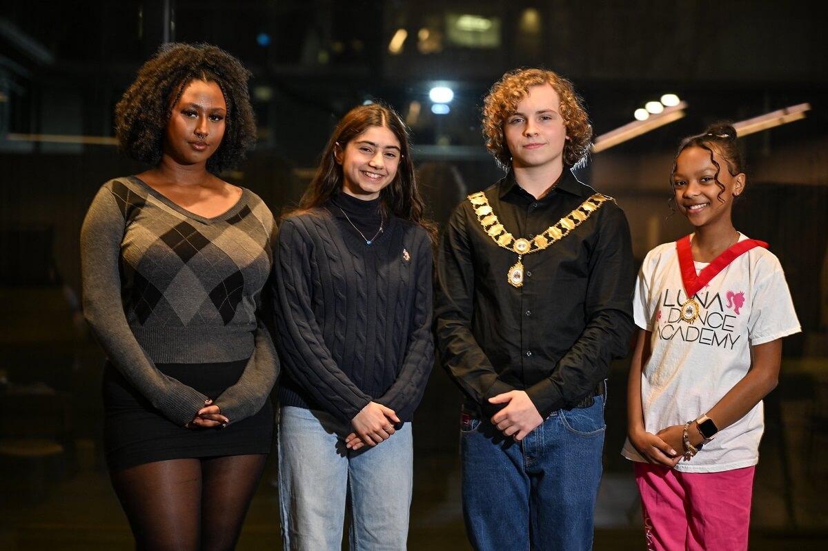 From left to right: Youth Parliament Member Ellaria Mengistu and Deputy Member Ealaf Al-Najar, with newly-elected H&F Youth Mayor Albi Fenner and Deputy Youth Mayor Precisa Getsevich