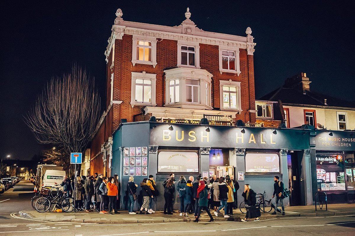 Music fans queueing outside Bush Hall in Shepherds Bush