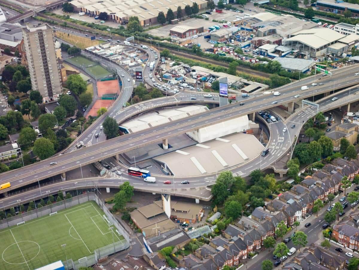 Aerial view of the Westway flyover in White City