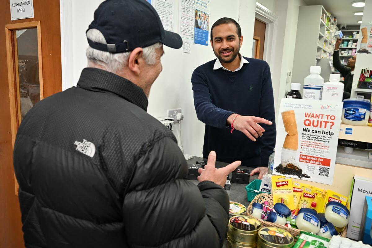 Local pharmacist, Sailesh, offers stop smoking advice at Jays Pharmacy in Uxbridge Road