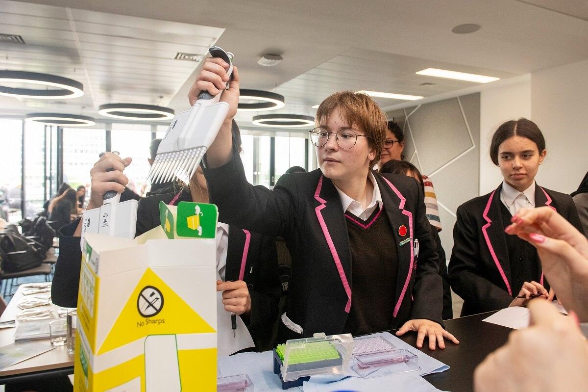 Fulham Cross Girls' School pupil trying out Avacta lab equipment 