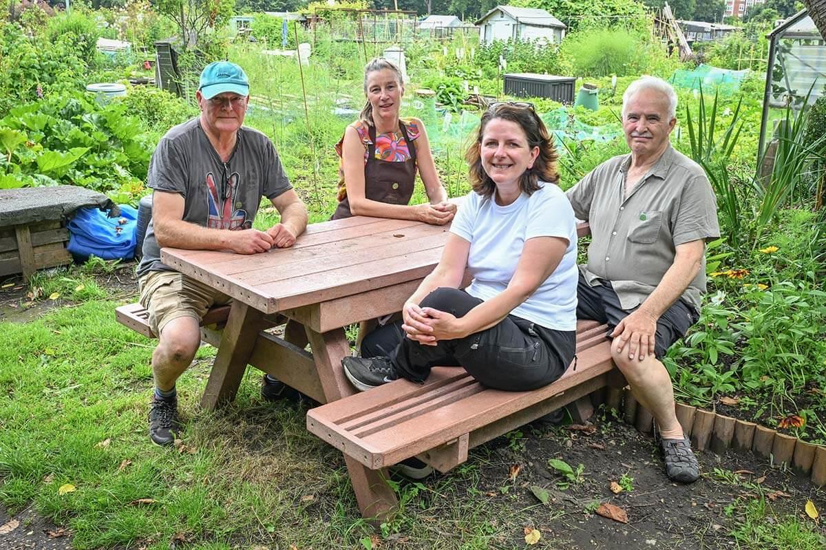 Pictured left to right at Fulham Palace Allotments are FHS show secretary Charles Dowson, member Nicole Coleman, member Rose Craston and FHS chair Eddie Robinson