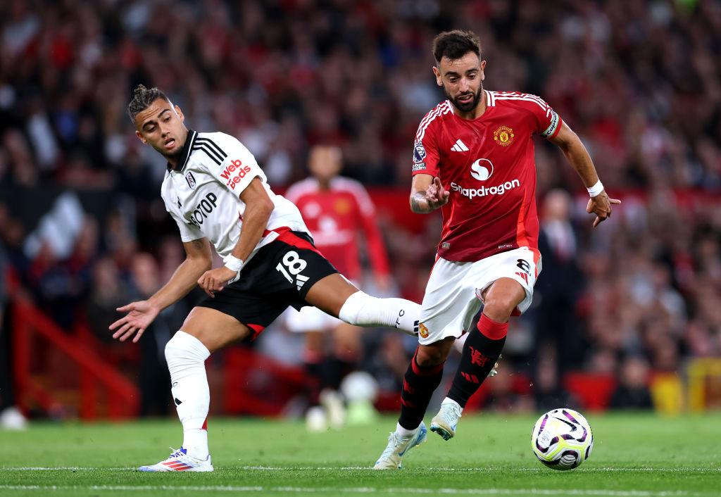 Bruno Fernandes of Manchester United runs past Andreas Pereira