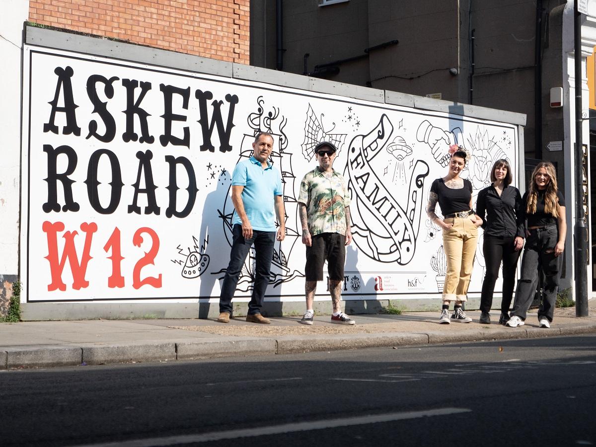 Local traders stand outside the new mural from left to right: Mohamed Mallek from Askew Wine, Diogo Melo and Jo Szwedzinski from Forevermore Tattoo London, Giulia Quaglia from Giulia’s restaurant and Carrie McInerney from Dannie & Carrie Hair and Make-up.