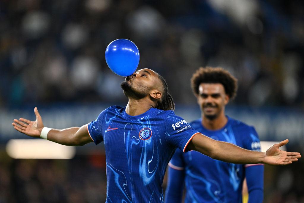 Christopher Nkunku celebrates his hattrick by blowing up a ballon