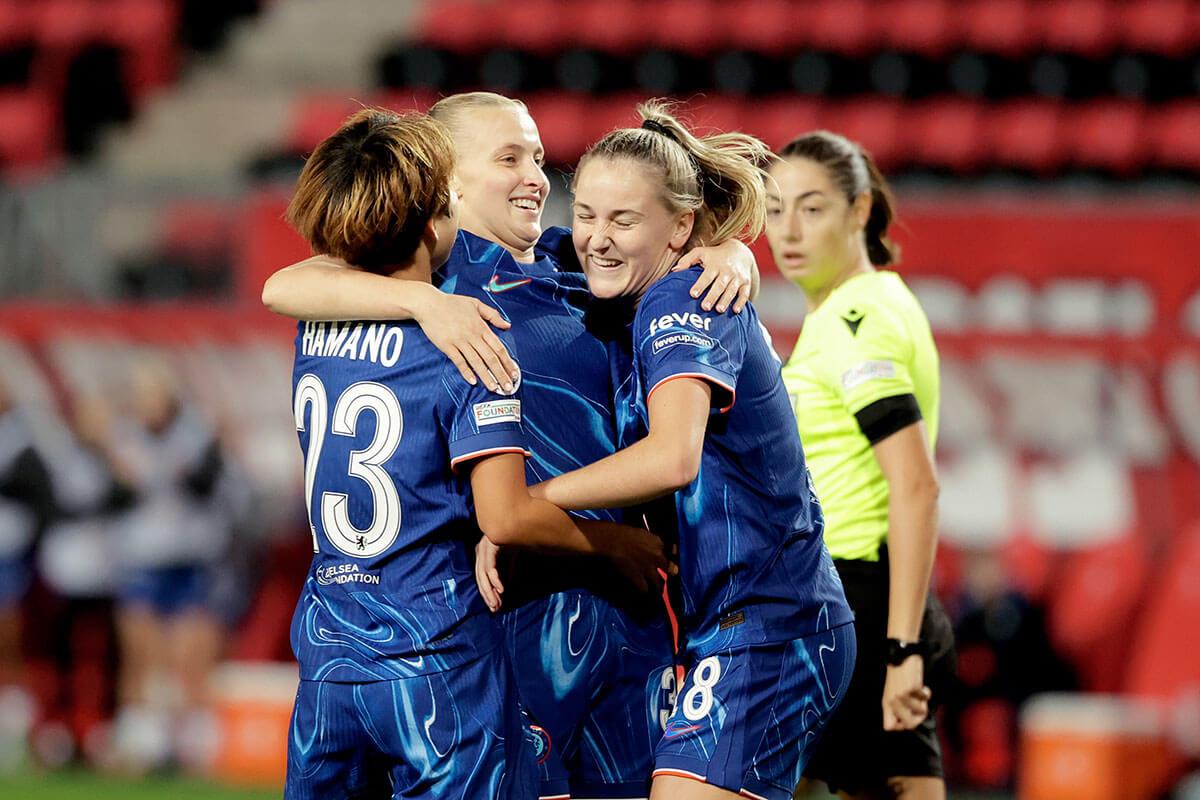  Aggie Beever-Jones (right) celebrates scoring Chelsea's first goal