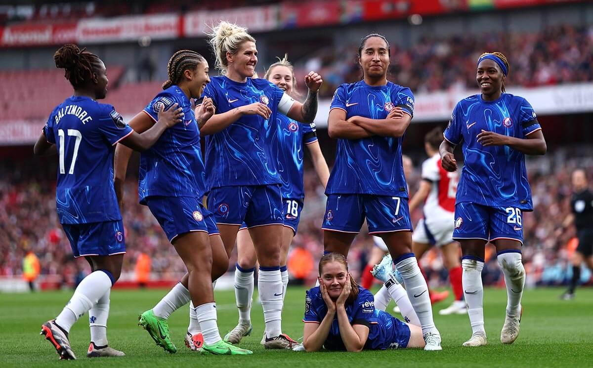  Mayra Ramirez (second from right) celebrates after scoring Chelsea Women's first goal against Arsenal