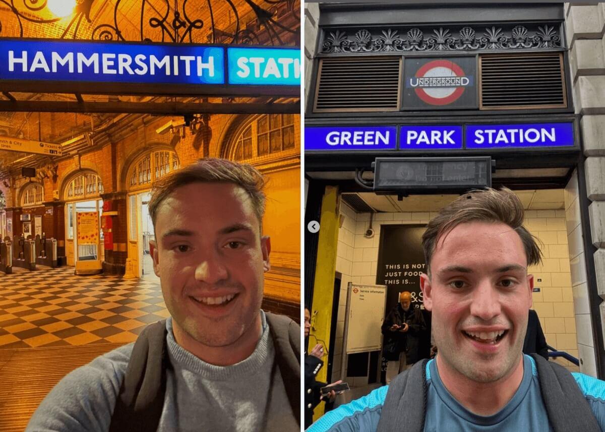 Harry outside Hammersmith station on the Hammersmith & Circle line and Green Park station on the Victoria line