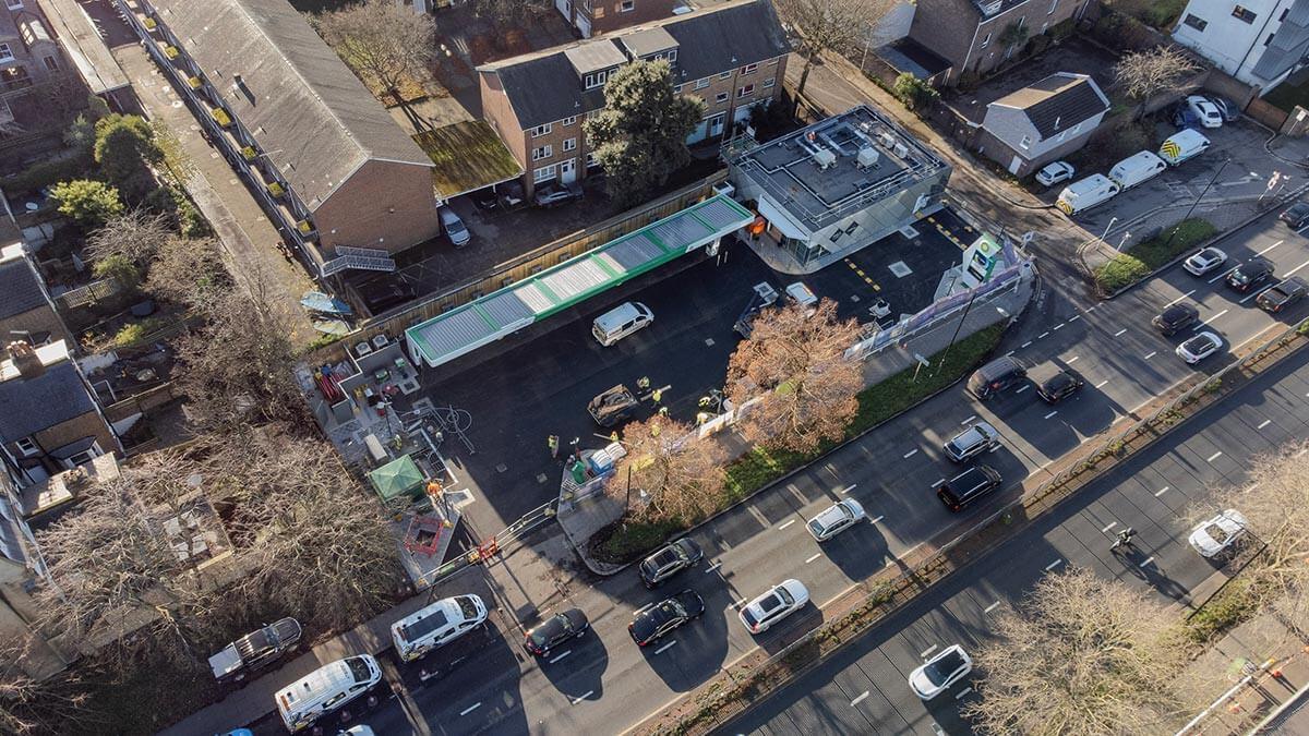 Drone image of the BP Cromwell westbound garage near Oil Mill Lane, W6