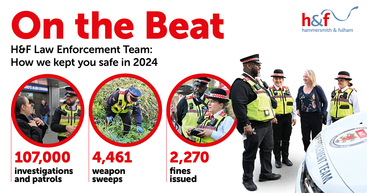 On the Beat. H&F Law Enforcement Team: How we kept you safe in 2024 - 107,000 investigations and patrols, 4,461 weapon sweeps, and 2,270 fines issued.