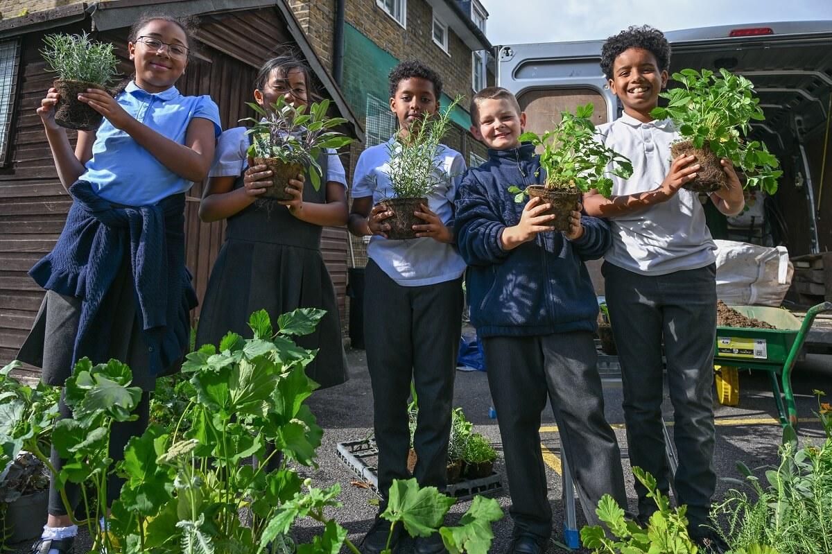 Old Oak primary students greening their new 'natural drainage' planters