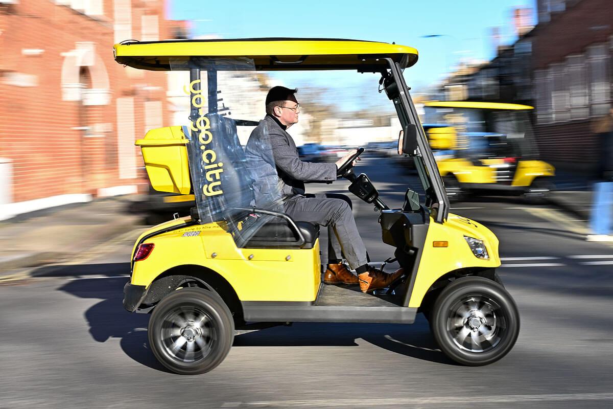 Fulham inventor Sam Bailey behind the wheel of one of his 10 Yo-Go electric buggies that he’s introduced in H&F