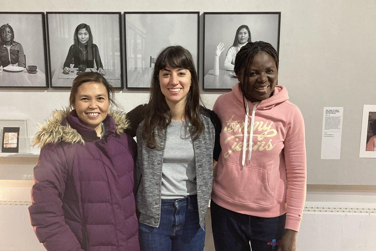 Pictured: Local artist Camila Almeida (centre) with project participants Nera and Feroula