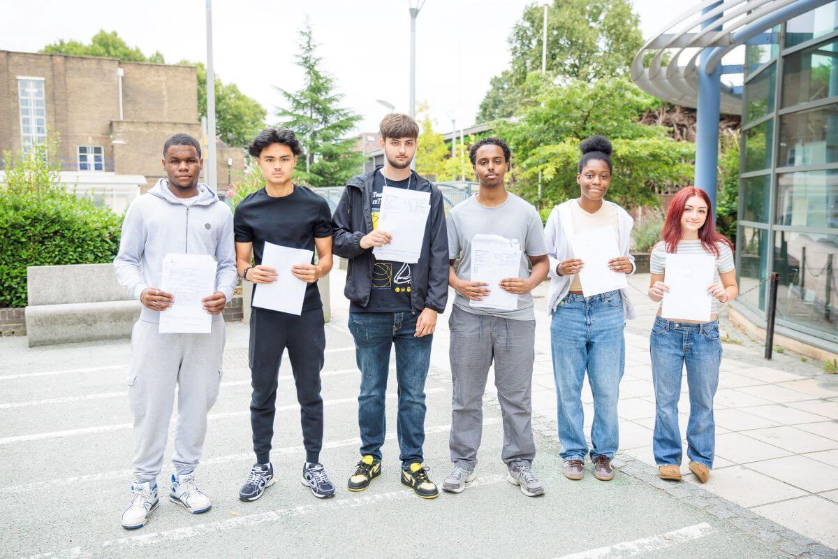 Students from Ark Burlington Danes collect their results