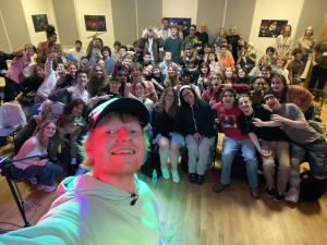 Ed Sheeran takes a selfie with staff and sixth formers at the Rhythm Studio