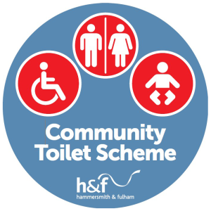 Logo for Community Toilet Scheme H&F - large solid blue circle with 3 red circles inside, each with white graphics to identify male/female, disabled and baby changing toilet facilities. female  depicting a person in a wheelchairin=