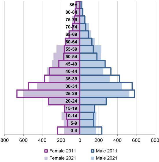 Ward population pyramid by gender comparing 2011 and 2021