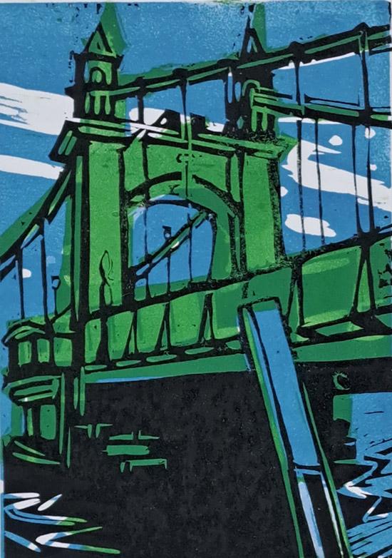 Hammersmith Bridge linocut in blue and green by Isobel Johnstone