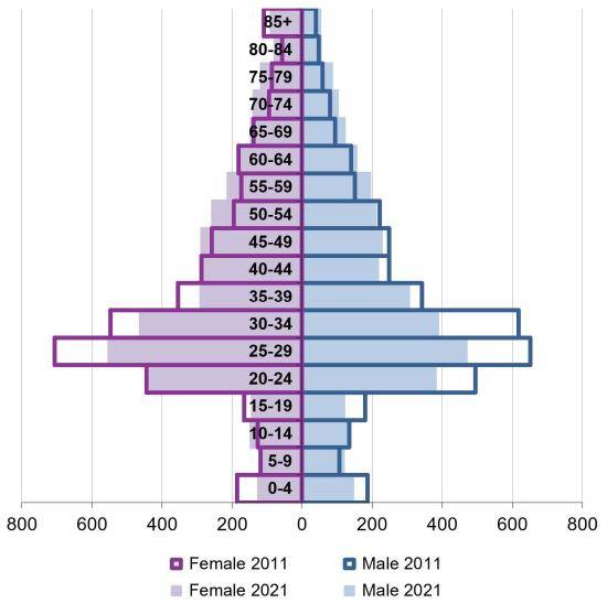 Ward population pyramid by gender and age comparing 2011 and 2021