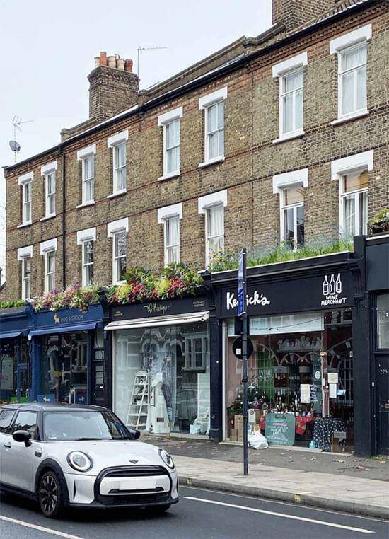 Connected strip of green roofs in Wandsworth Bridge Road