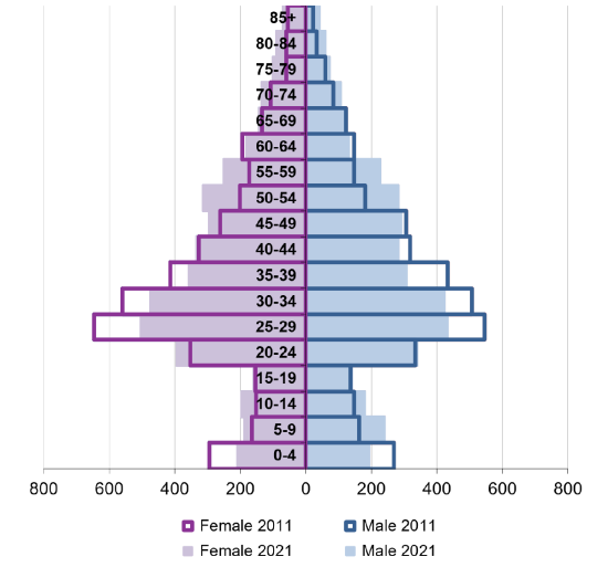 Ward population pyramid by gender and age comparing 2011 and 2021.