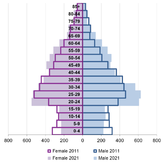 Ward population pyramid by gender and age comparing 2011 and 2021.