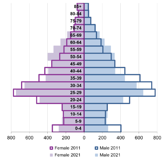 Ward population pyramid by gender and age comparing 2011 and 2021.