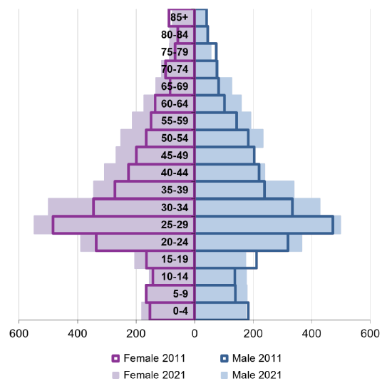 Ward population pyramid by gender and age comparing 2011 and 2021.