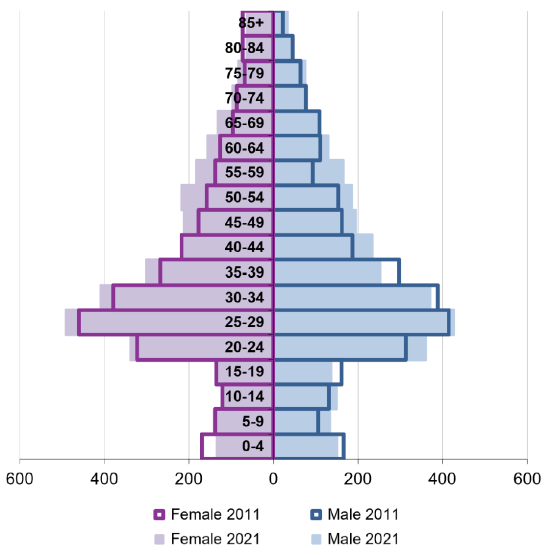 Ward population pyramid by gender and age comparing 2011 and 2021.