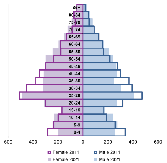 Ward population pyramid by gender and age comparing 2011 and 2021.