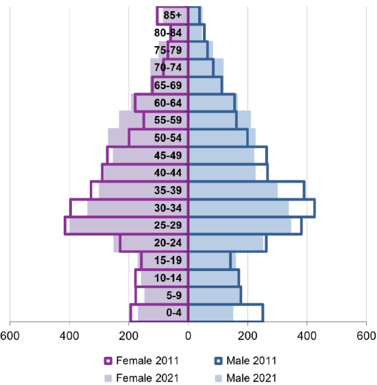 Ward population pyramid by gender and age comparing 2011 and 2021.