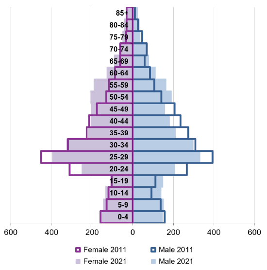 Ward population pyramid by gender and age comparing 2011 and 2021.