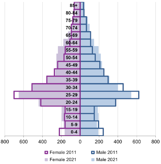 Ward population pyramid by gender and age comparing 2011 and 2021.