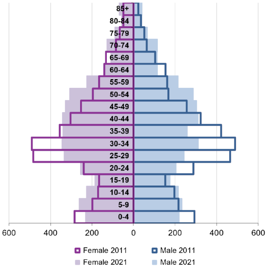 Ward population pyramid by gender and age comparing 2011 and 2021.