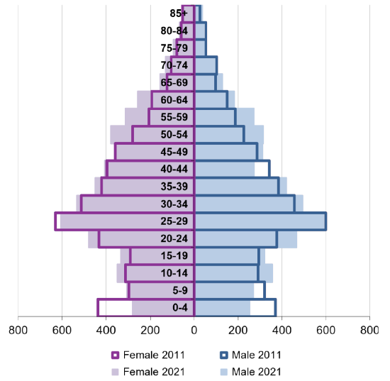 Ward population pyramid by gender and age comparing 2011 and 2021.