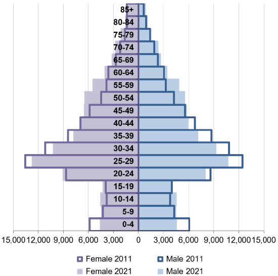 Borough population pyramid by gender and age comparing 2011 and 2021.