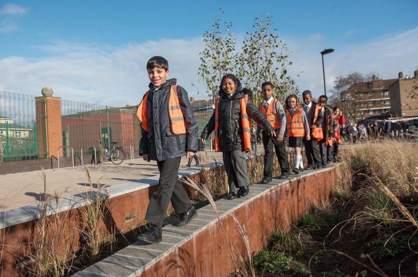 School children at the opening of the Bridget Joyce Square sustainable drainage system (Suds) scheme.