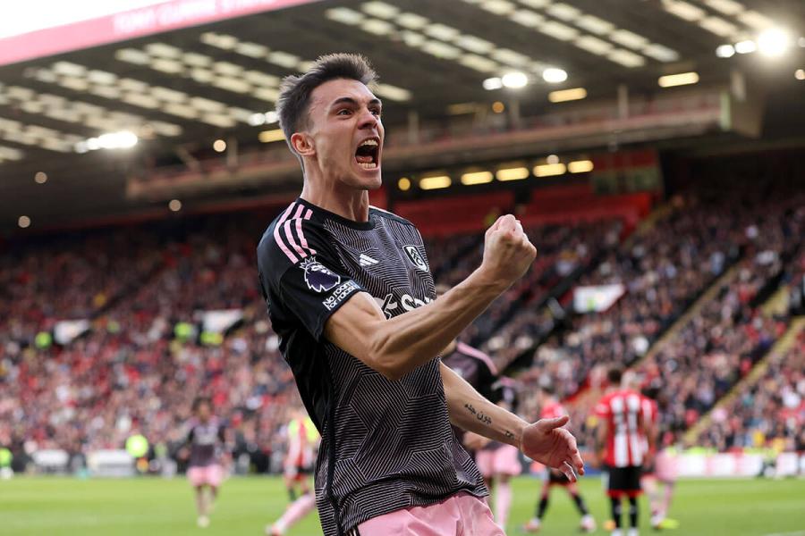 Joao Palhinha celebrates scoring Fulham's first goal against Sheffield United at Bramall Lane