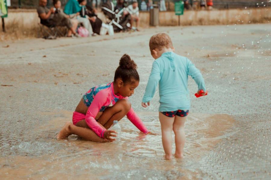 Children playing at Bishops Park's splash pad