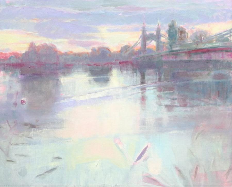Silver and pink linocut of Hammersmith Bridge by Isobel Johnstone
