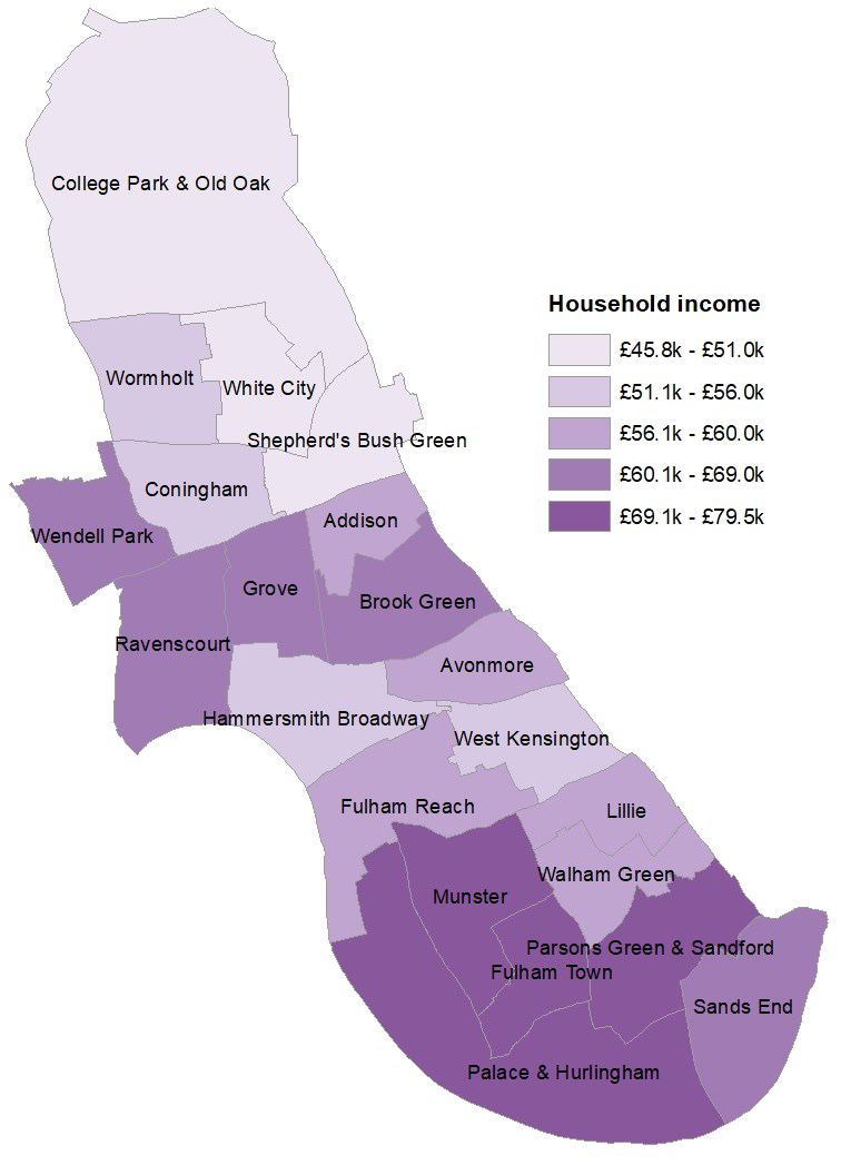 A map of H&F showing the average household income levels in each ward