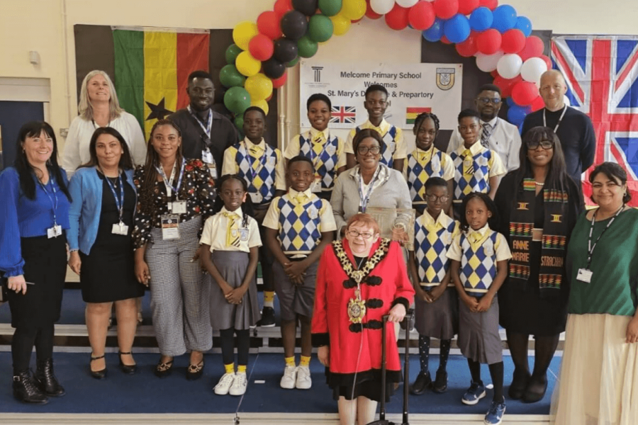 Exchange partners from Hammersmith school Melcombe Primary and St Mary Day Care & Preparatory School in Koforidua, Ghana. Pictured with them H&F Mayor Cllr Patricia Quigley (centre)