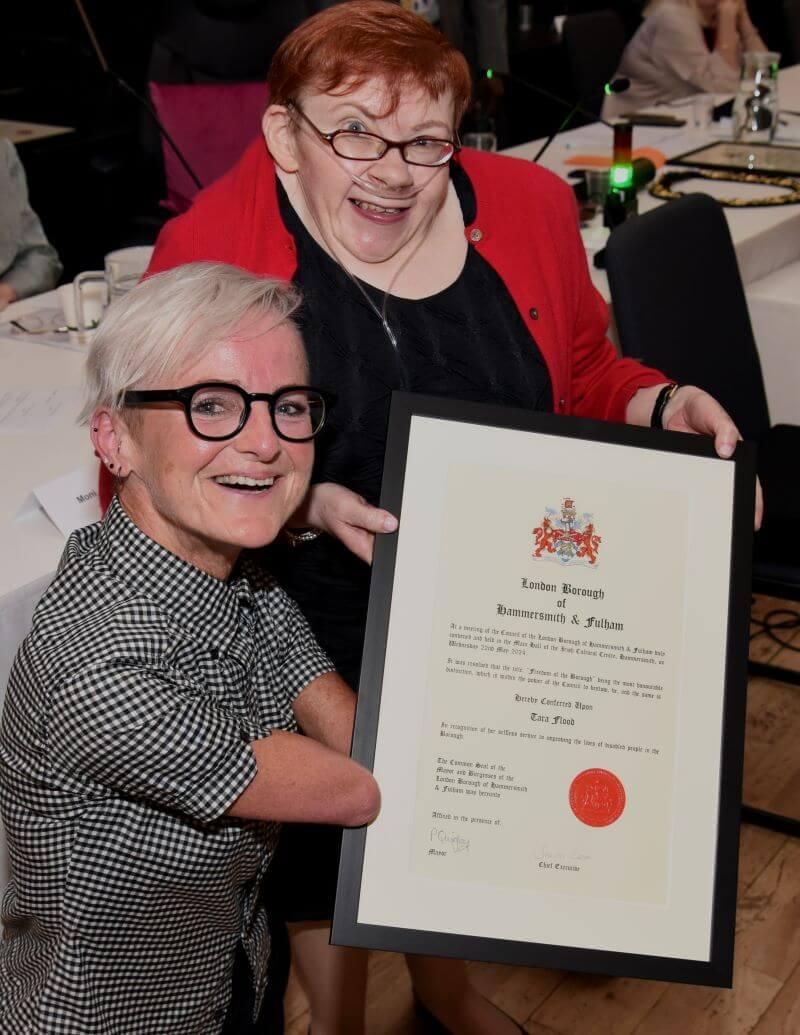 Tara Flood receiving her Freedom of the Borough from H&F Mayor, Cllr Patricia Quigley 