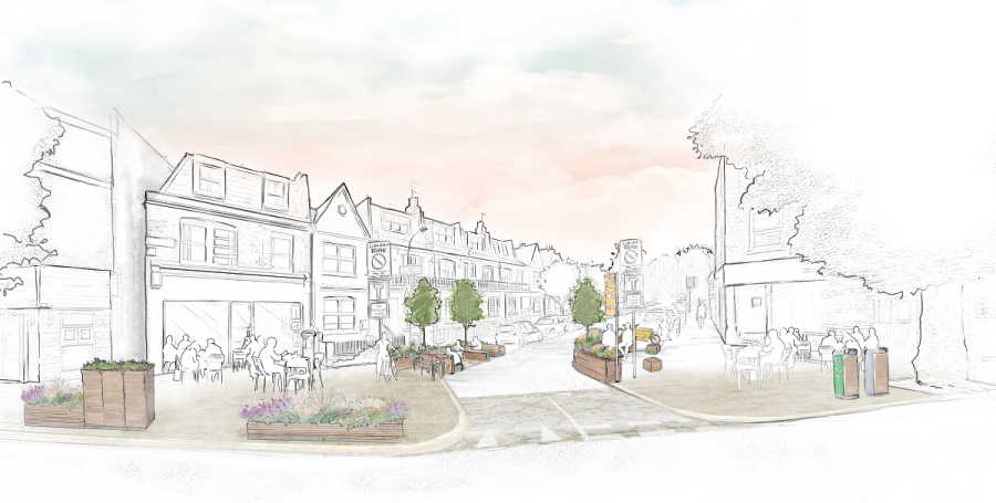 Illustration showing new seating new seating and footway planters around the entrance to Hazelbury Road from Wandsworth Bridge Road.