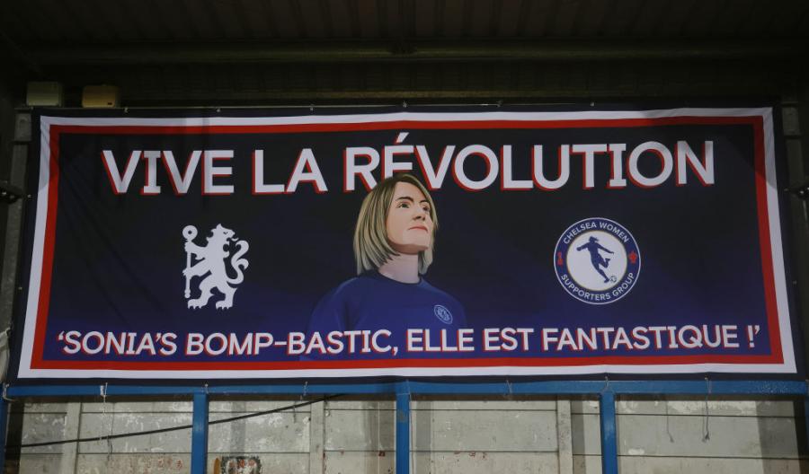 Chelsea Women fans' flag in support of Sonia Bompastor