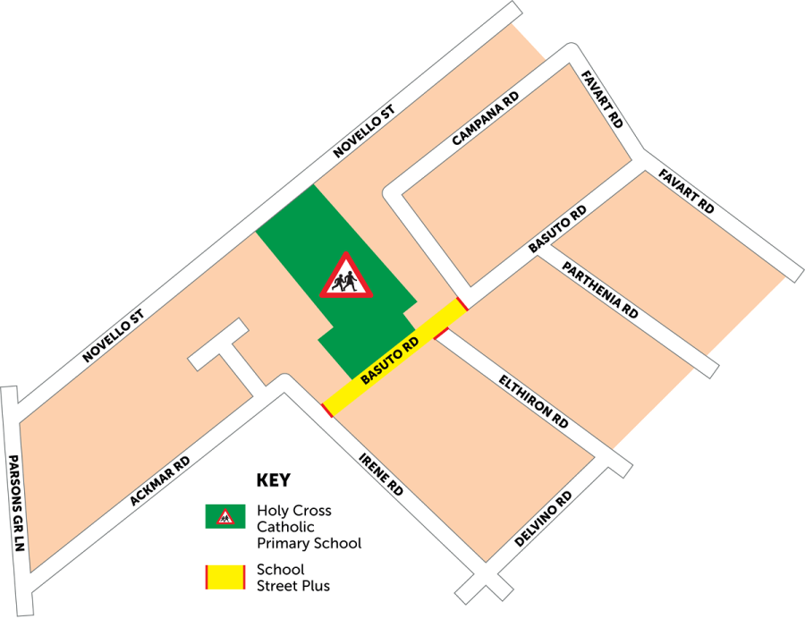 Map showing Holy Cross Primary School and the part of Basuto Road that will close between Campana Road and Irene Road.