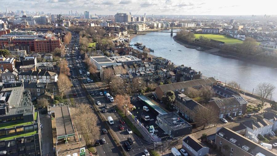 Drone image of the new-look service station close to the Thames in Hammersmith